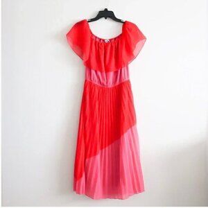 WDNY Pink And Red Colorblock Pleated Midi Dress off shoulders. Women’s (M)